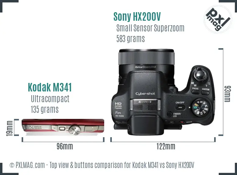 Kodak M341 vs Sony HX200V top view buttons comparison