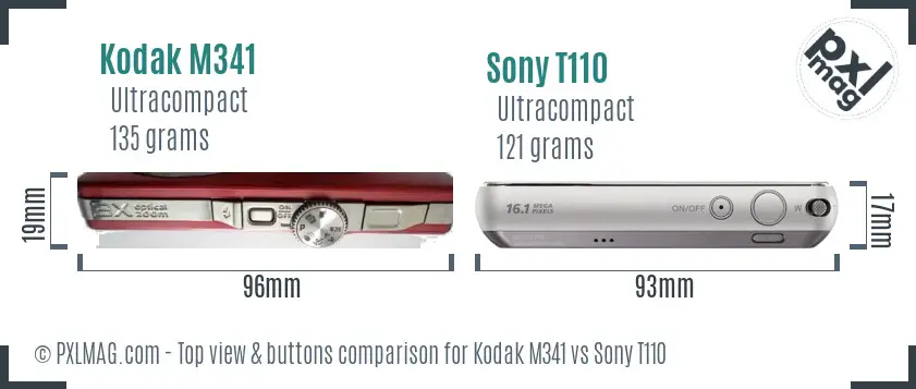 Kodak M341 vs Sony T110 top view buttons comparison Kodak M341 vs Sony T110 top view buttons comparison