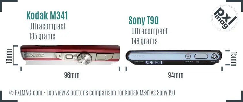 Kodak M341 vs Sony T90 top view buttons comparison