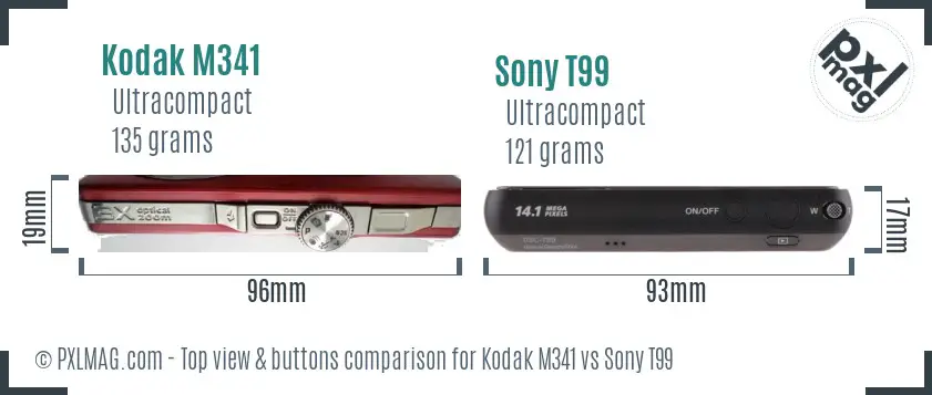 Kodak M341 vs Sony T99 top view buttons comparison