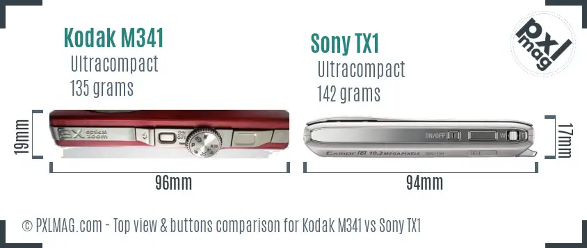 Kodak M341 vs Sony TX1 top view buttons comparison