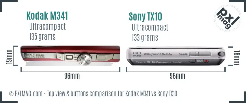 Kodak M341 vs Sony TX10 top view buttons comparison