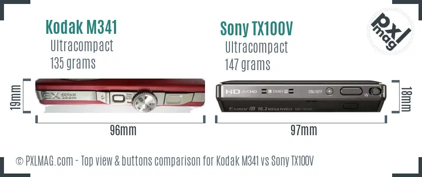 Kodak M341 vs Sony TX100V top view buttons comparison