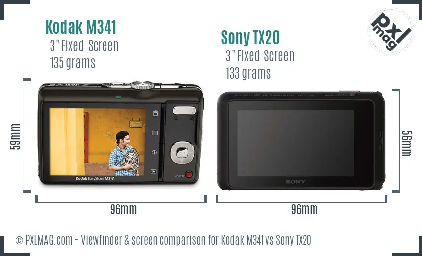 Kodak M341 vs Sony TX20 Screen and Viewfinder comparison