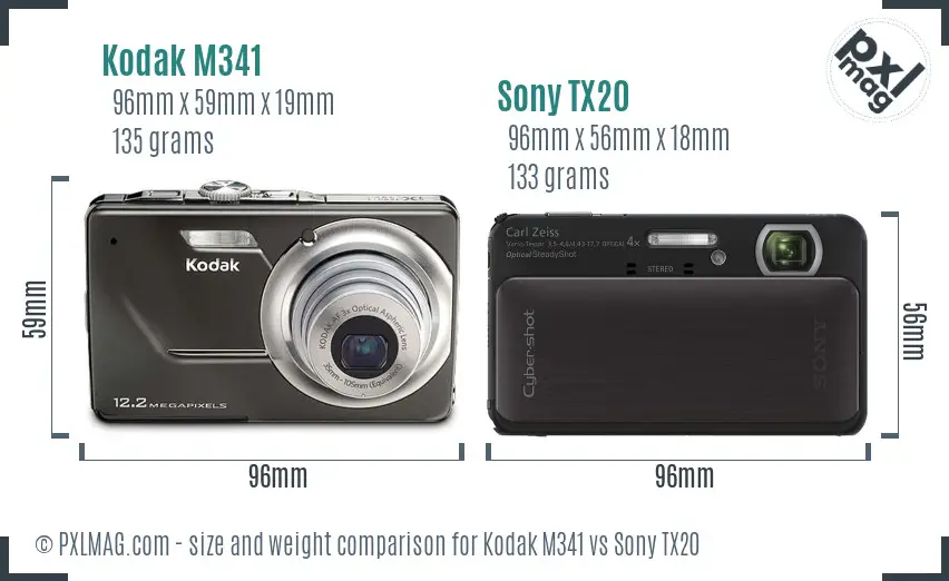 Kodak M341 vs Sony TX20 size comparison