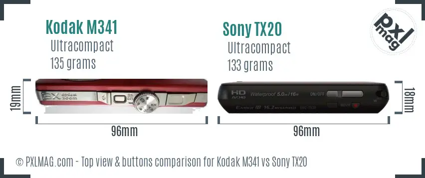 Kodak M341 vs Sony TX20 top view buttons comparison