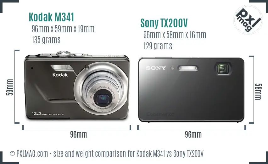 Kodak M341 vs Sony TX200V size comparison