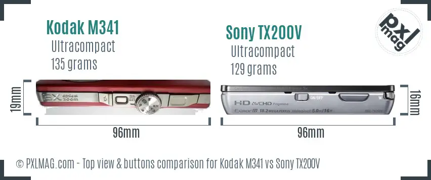 Kodak M341 vs Sony TX200V top view buttons comparison