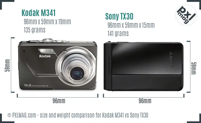 Kodak M341 vs Sony TX30 size comparison