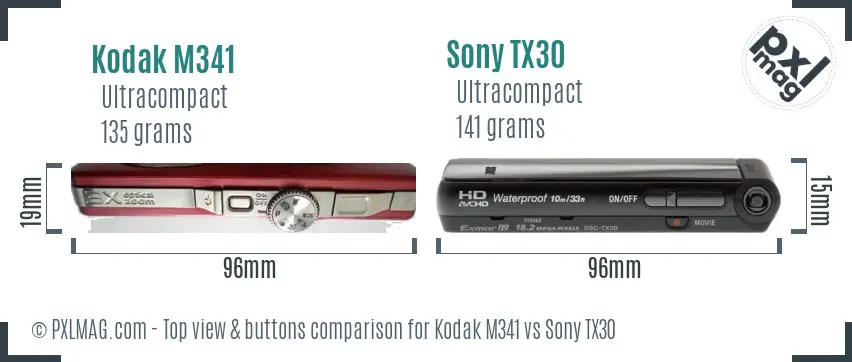 Kodak M341 vs Sony TX30 top view buttons comparison