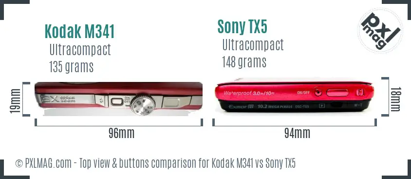 Kodak M341 vs Sony TX5 top view buttons comparison