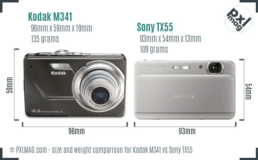 Kodak M341 vs Sony TX55 size comparison