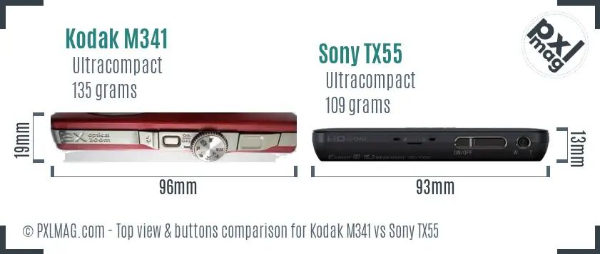 Kodak M341 vs Sony TX55 top view buttons comparison