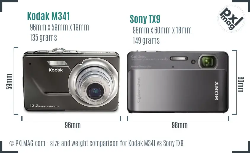 Kodak M341 vs Sony TX9 size comparison