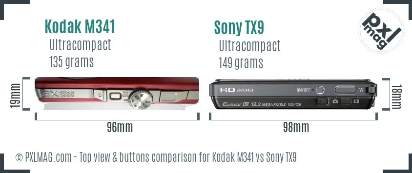 Kodak M341 vs Sony TX9 top view buttons comparison
