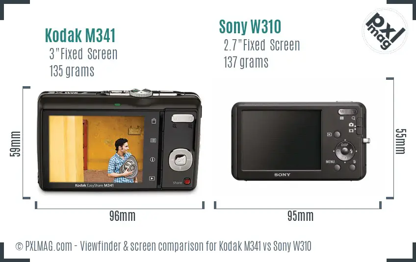Kodak M341 vs Sony W310 Screen and Viewfinder comparison