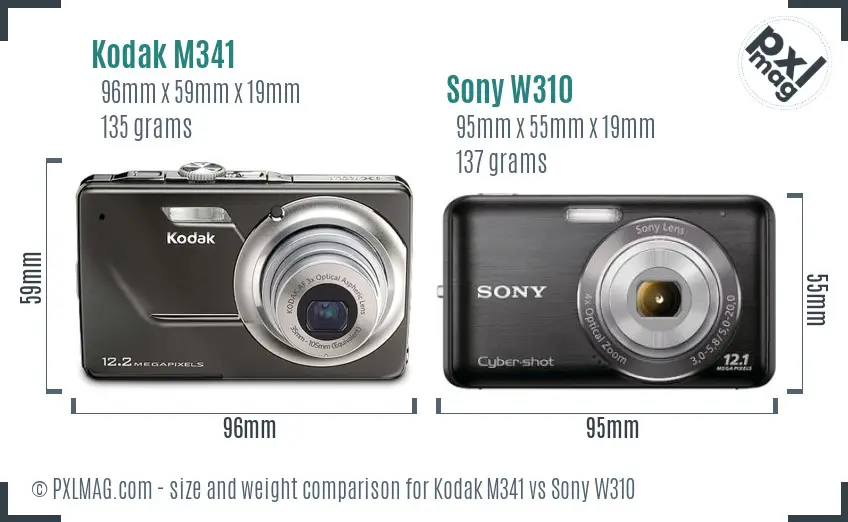 Kodak M341 vs Sony W310 size comparison