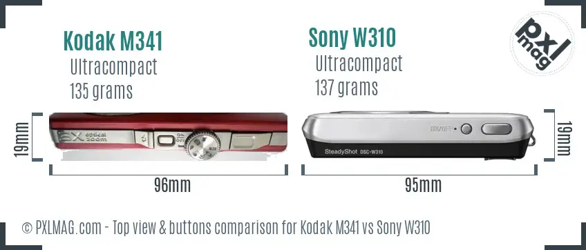 Kodak M341 vs Sony W310 top view buttons comparison