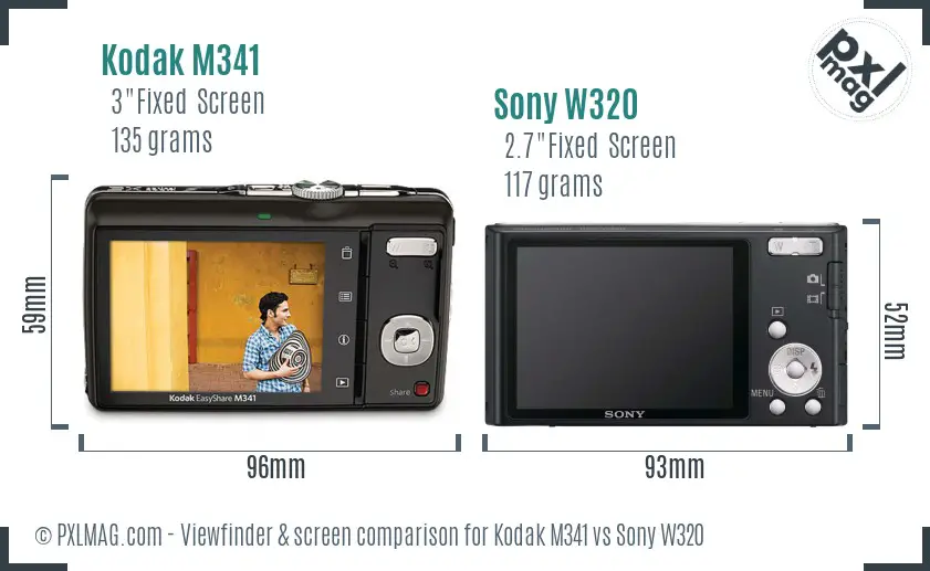 Kodak M341 vs Sony W320 Screen and Viewfinder comparison