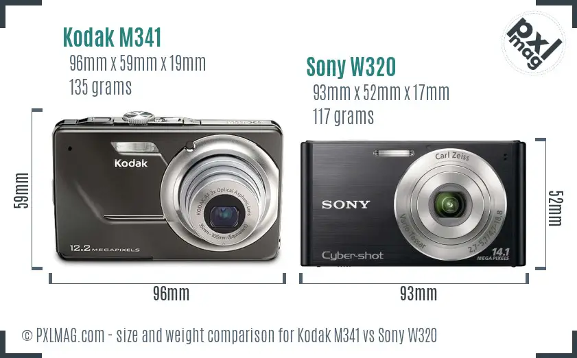 Kodak M341 vs Sony W320 size comparison