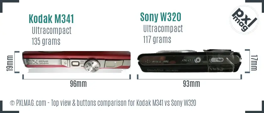 Kodak M341 vs Sony W320 top view buttons comparison