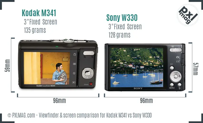 Kodak M341 vs Sony W330 Screen and Viewfinder comparison