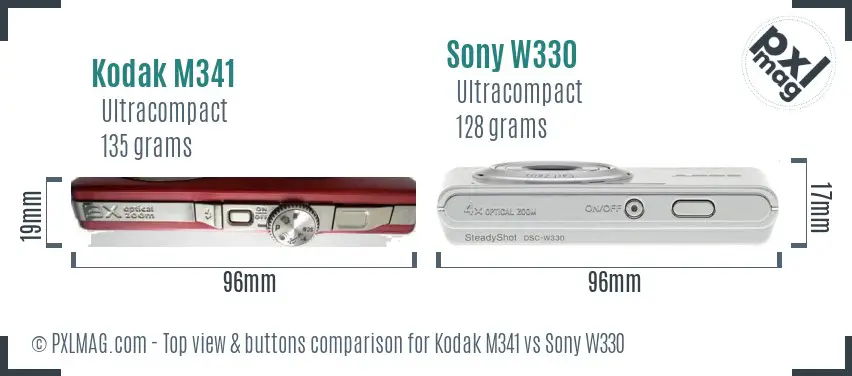 Kodak M341 vs Sony W330 top view buttons comparison