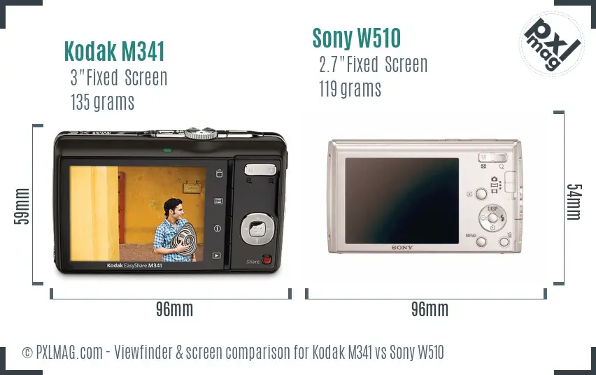 Kodak M341 vs Sony W510 Screen and Viewfinder comparison