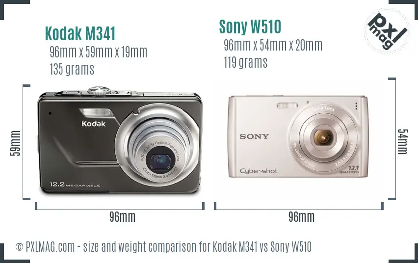 Kodak M341 vs Sony W510 size comparison