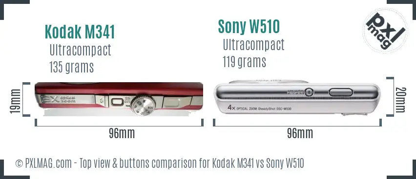 Kodak M341 vs Sony W510 top view buttons comparison
