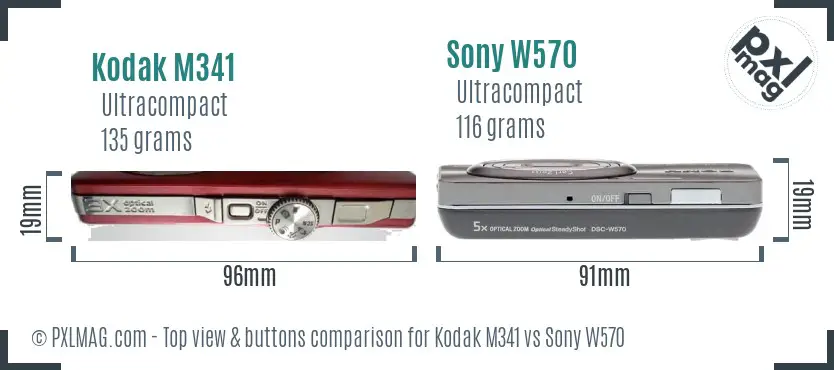 Kodak M341 vs Sony W570 top view buttons comparison