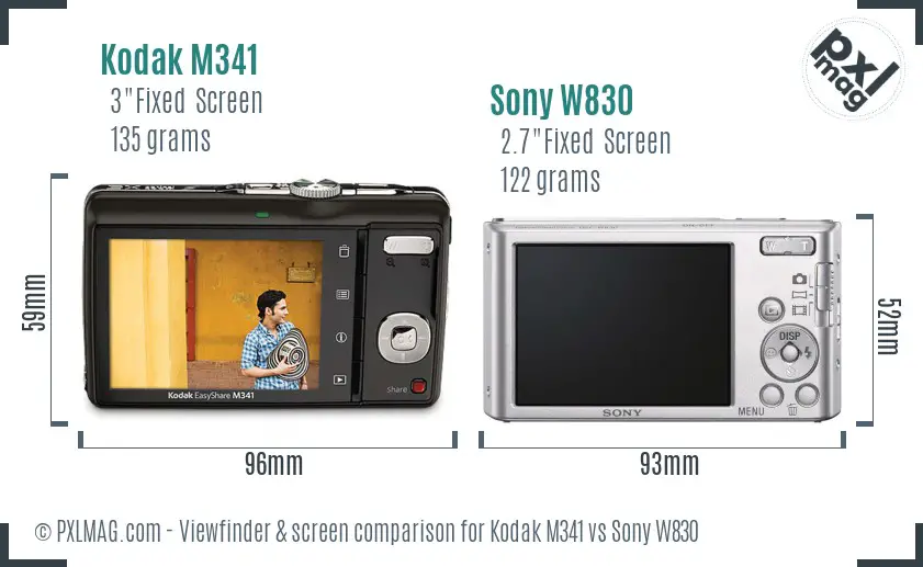 Kodak M341 vs Sony W830 Screen and Viewfinder comparison