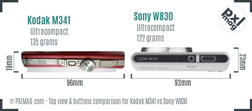Kodak M341 vs Sony W830 top view buttons comparison