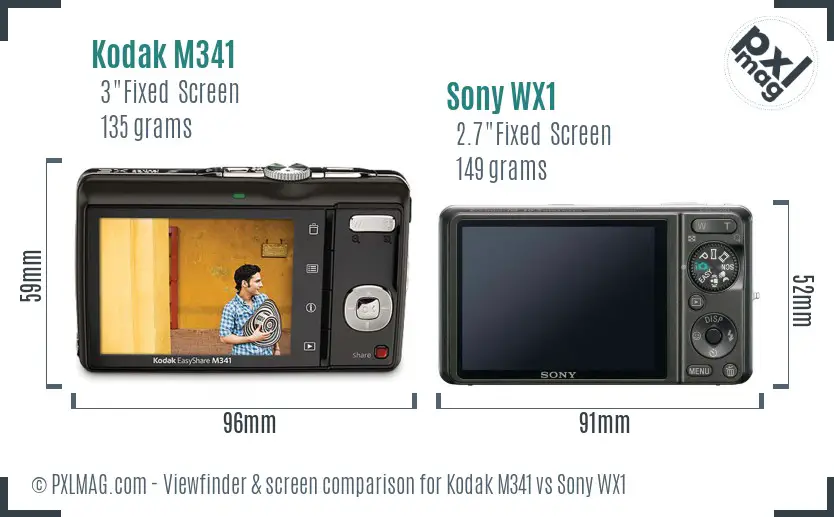 Kodak M341 vs Sony WX1 Screen and Viewfinder comparison