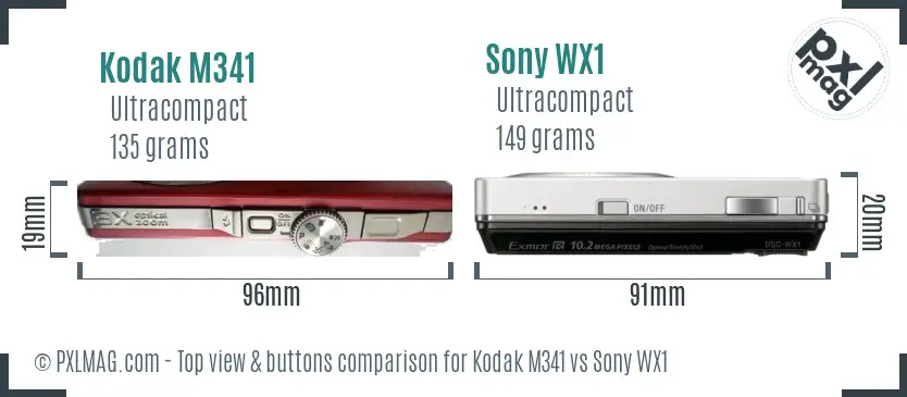 Kodak M341 vs Sony WX1 top view buttons comparison