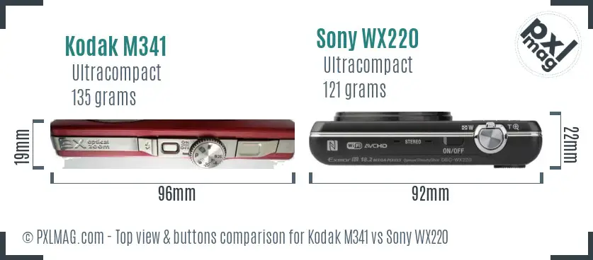 Kodak M341 vs Sony WX220 top view buttons comparison