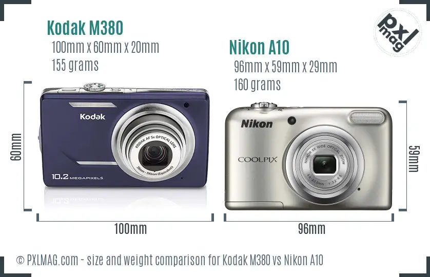 Kodak M380 vs Nikon A10 size comparison