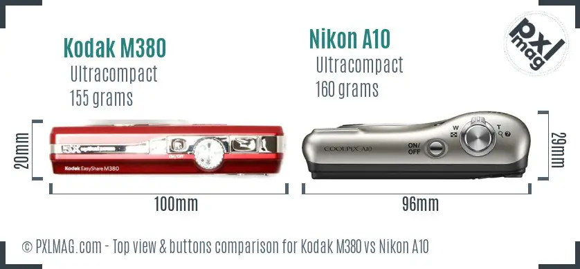 Kodak M380 vs Nikon A10 top view buttons comparison