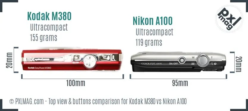 Kodak M380 vs Nikon A100 top view buttons comparison