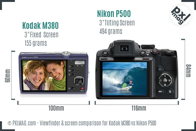 Kodak M380 vs Nikon P500 Screen and Viewfinder comparison