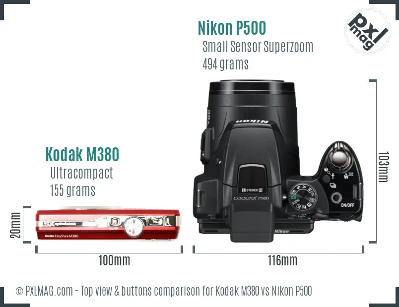 Kodak M380 vs Nikon P500 top view buttons comparison