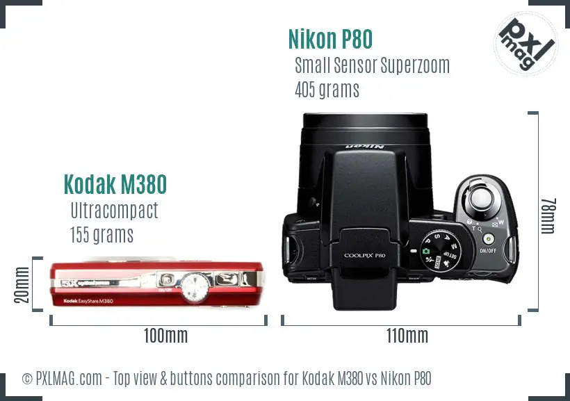 Kodak M380 vs Nikon P80 top view buttons comparison