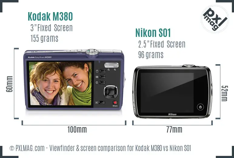 Kodak M380 vs Nikon S01 Screen and Viewfinder comparison
