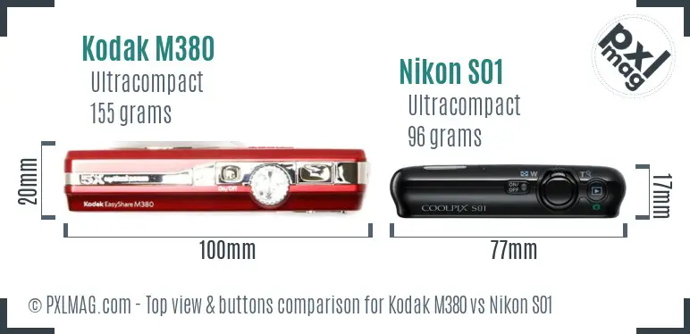 Kodak M380 vs Nikon S01 top view buttons comparison