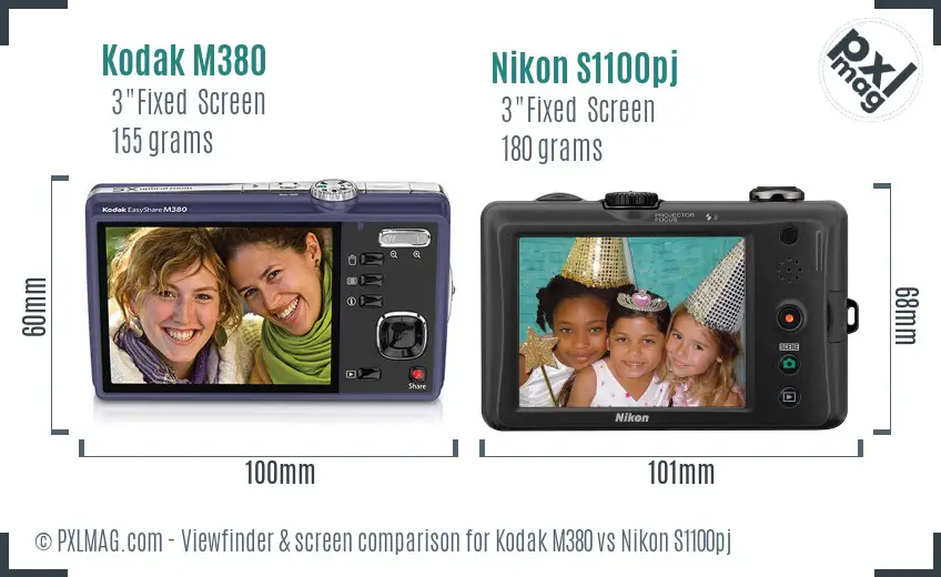 Kodak M380 vs Nikon S1100pj Screen and Viewfinder comparison