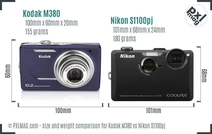 Kodak M380 vs Nikon S1100pj size comparison