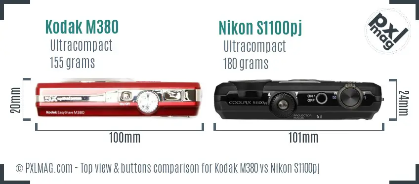 Kodak M380 vs Nikon S1100pj top view buttons comparison
