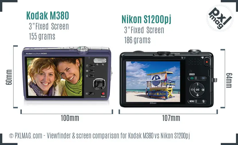 Kodak M380 vs Nikon S1200pj Screen and Viewfinder comparison