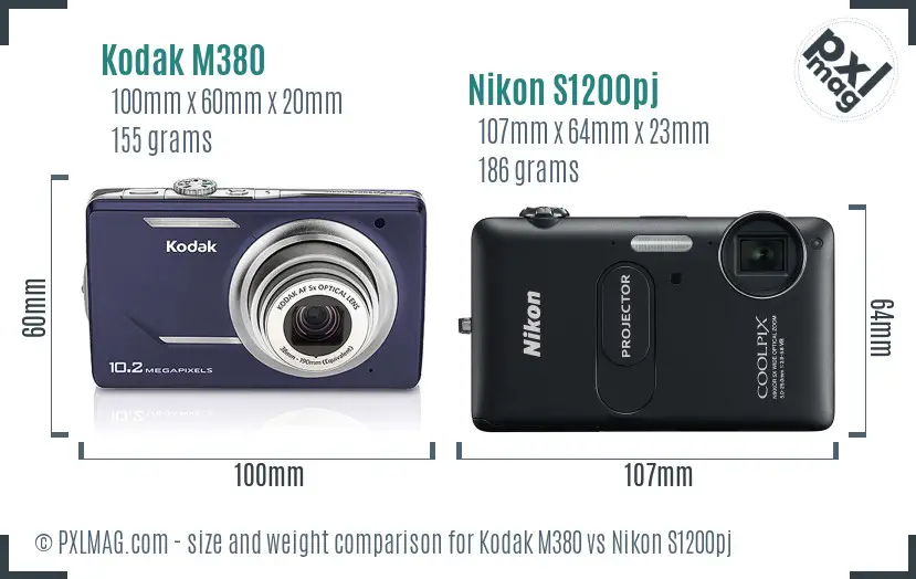 Kodak M380 vs Nikon S1200pj size comparison