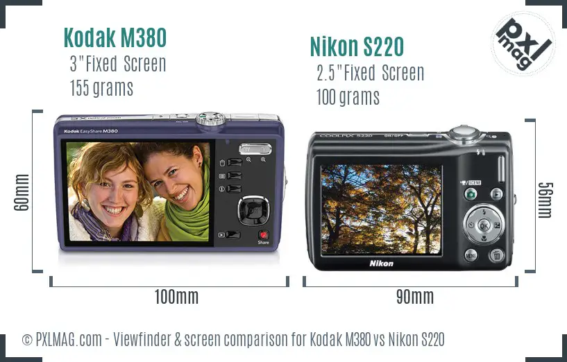 Kodak M380 vs Nikon S220 Screen and Viewfinder comparison